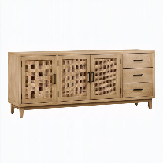 Credenza 180 x 45 x 85 cm in legno naturale con ante in rattan stile moderno