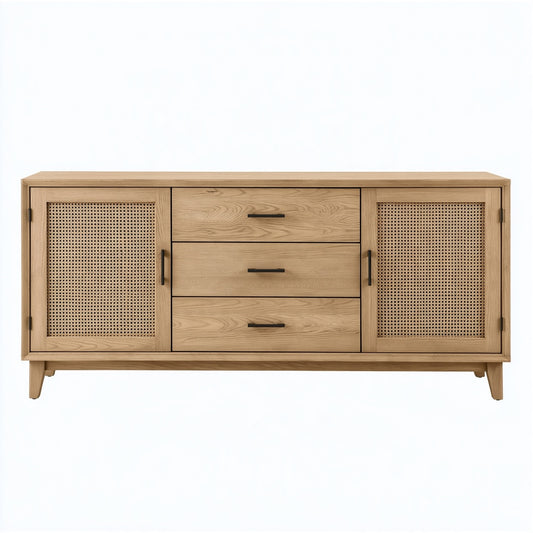 Credenza 180 cm in legno naturale e rattan con 3 cassetti stile bohémien