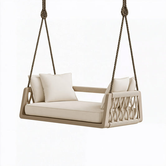 Divano sospeso 140 x 70 x 60 cm in legno e corda beige stile boho per interni