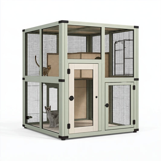 Gabbia per gatti 100 x 60 x 120 cm in legno verde salvia con rete metallica a più livelli da interno