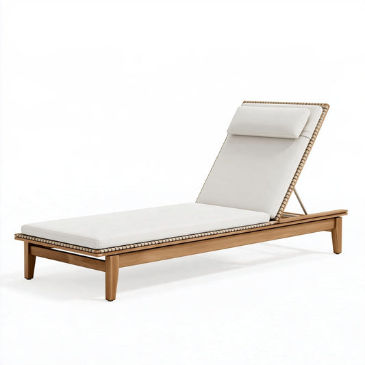 Lettino prendisole 200 x 75 cm in legno naturale e tessuto bianco - schienale reclinabile da esterno