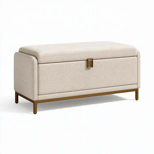 Panca contenitore 100 x 45 x 48 cm in tessuto beige con gambe in metallo dorato