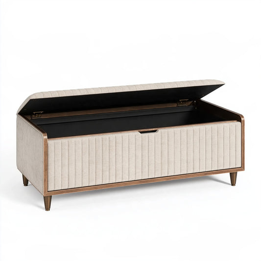 Panca contenitore 120 x 45 x 50 cm in tessuto beige e legno - imbottita con vano portaoggetti