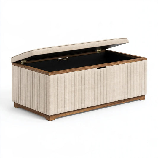 Panca contenitore 120 x 45 x 48 cm in tessuto beige e legno - imbottita con coperchio a cerniera